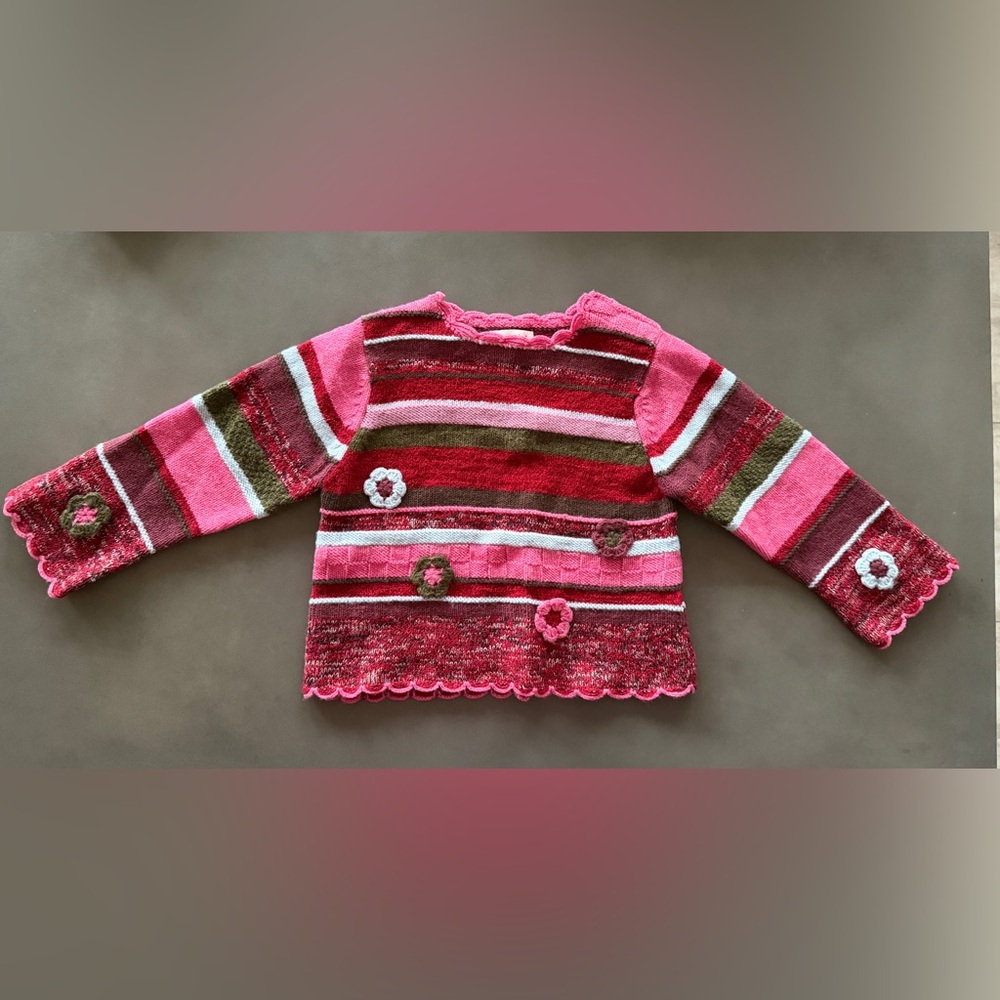 Catimini Pink and Red Striped Girls Sweater Sz 4